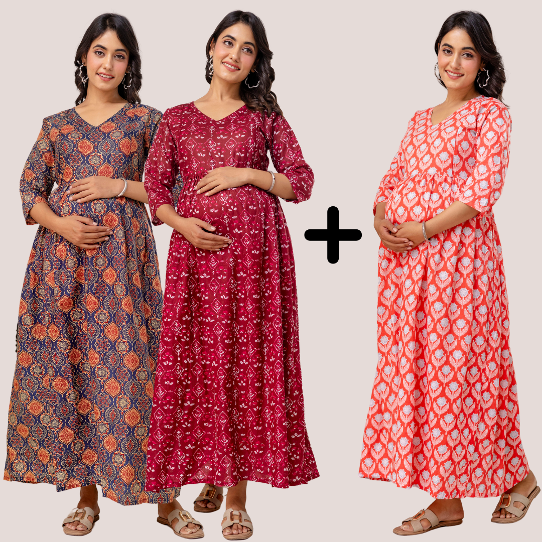 Buy 2 Get 1 Free - Deep Pockets, Hidden Feeding Zip & Adjustable Belt - Orange, Slim Red, Mughal Blue