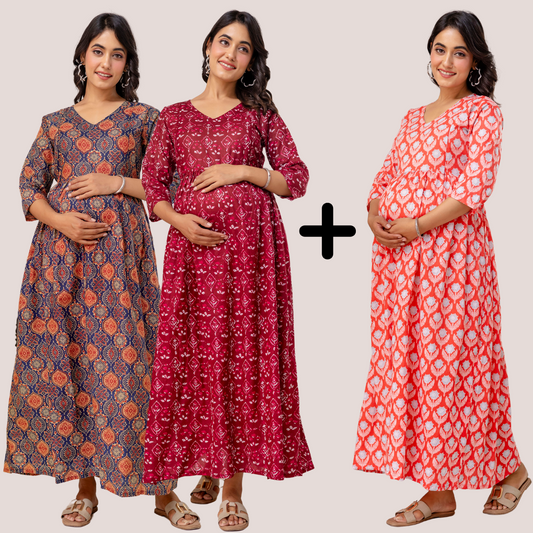 Buy 2 Get 1 Free - Deep Pockets, Hidden Feeding Zip & Adjustable Belt - Orange, Slim Red, Mughal Blue