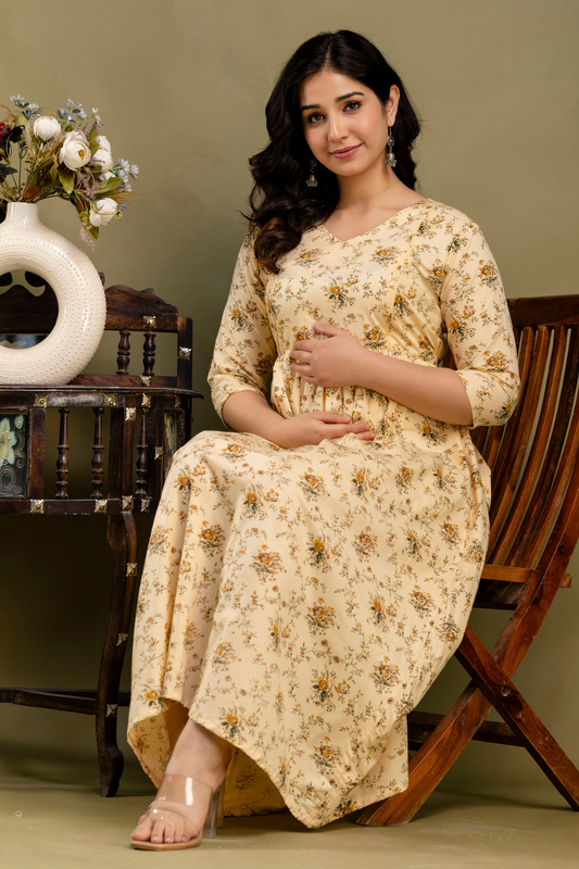 Pure Cotton Nursing-Friendly Maternity Dress - Sunflower