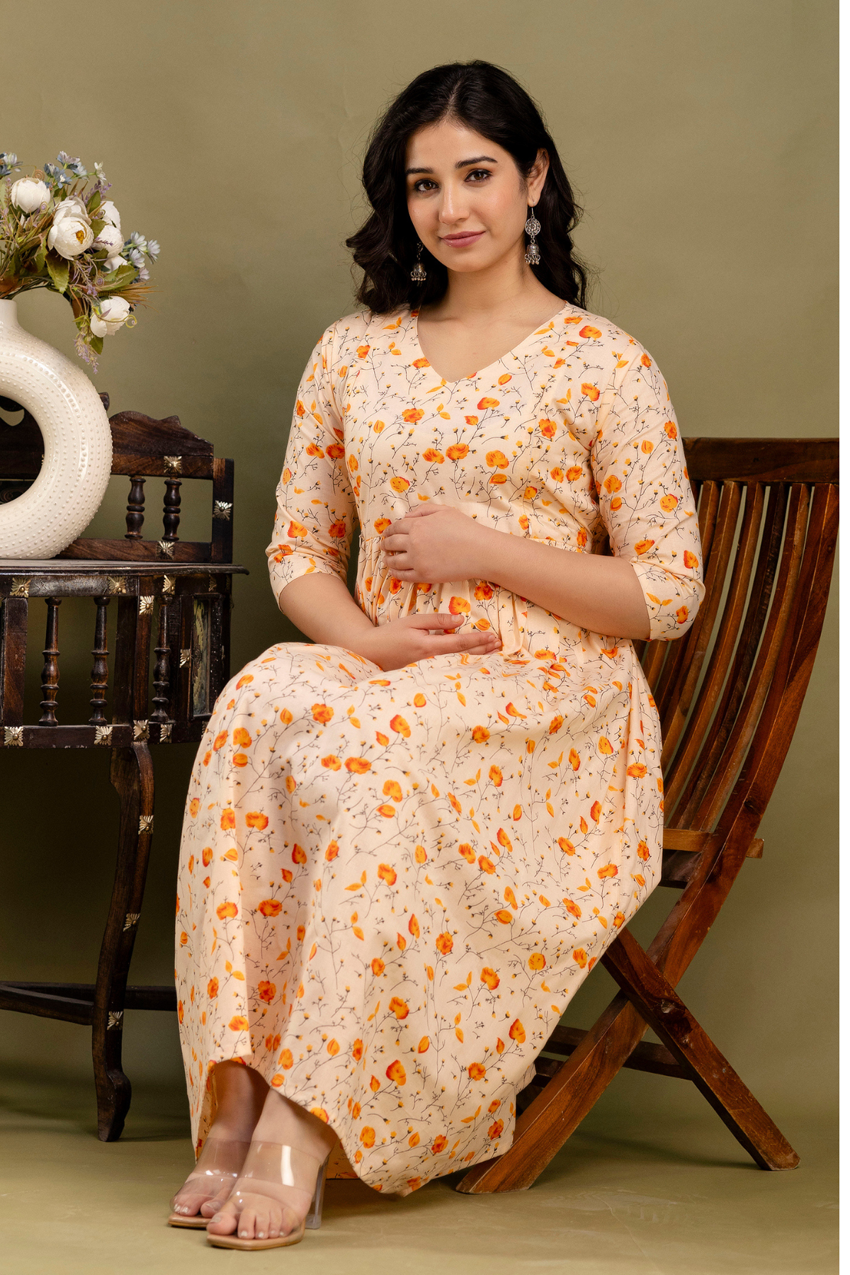 Pure Cotton Maternity Dress With Both-Side Hidden Zip - Peach Petal