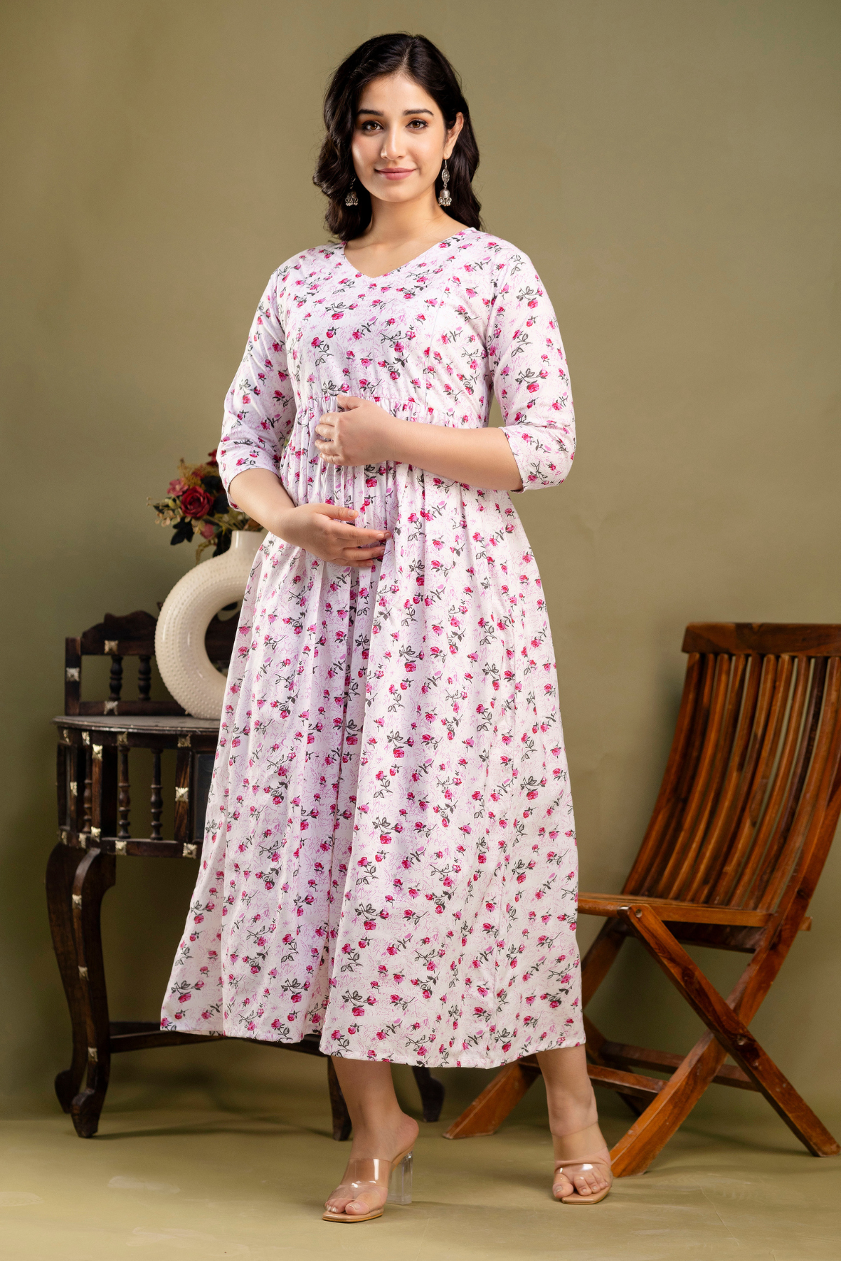 Pure Cotton Maternity Dress With Both-Side Hidden Zip - Rosy