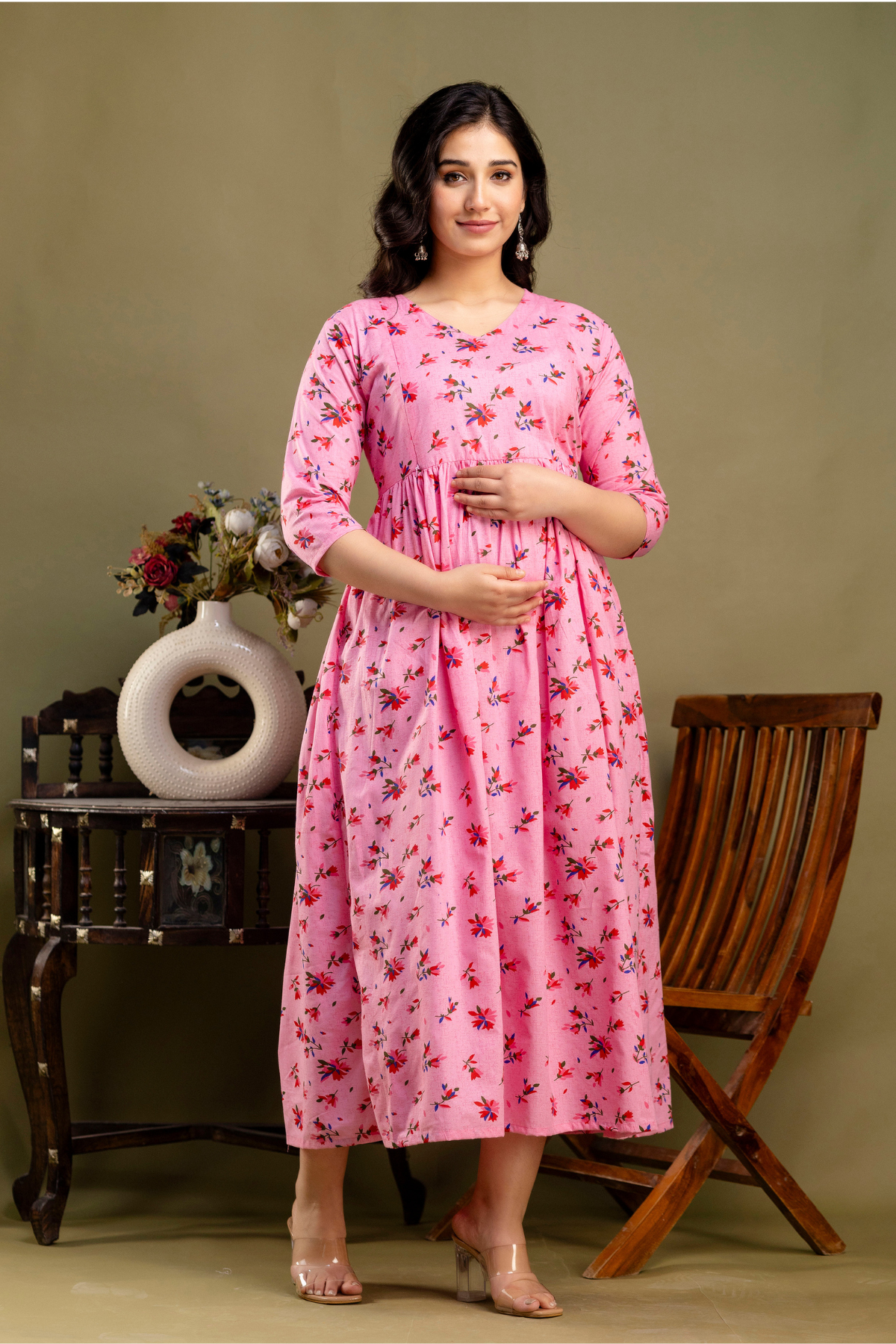 Pure Cotton Maternity Dress With Both-Side Hidden Zip - Blossom Pink