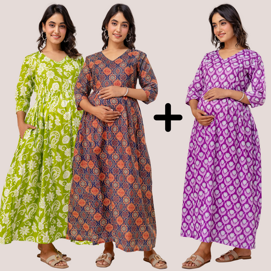 Buy 2 Get 1 Free - Deep Pockets, Hidden Feeding Zip & Adjustable Belt - Green, Purple & Mughal Blue