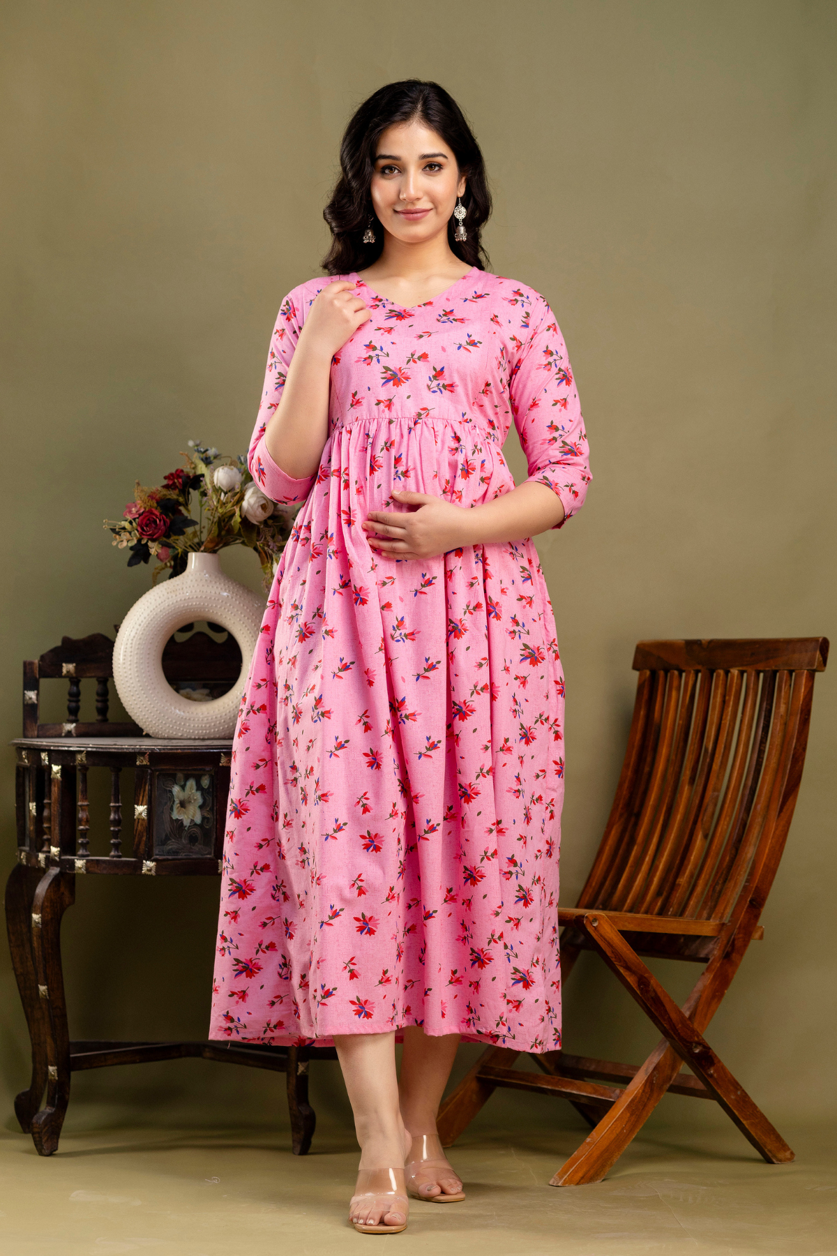 Pure Cotton Maternity Dress With Both-Side Hidden Zip - Blossom Pink