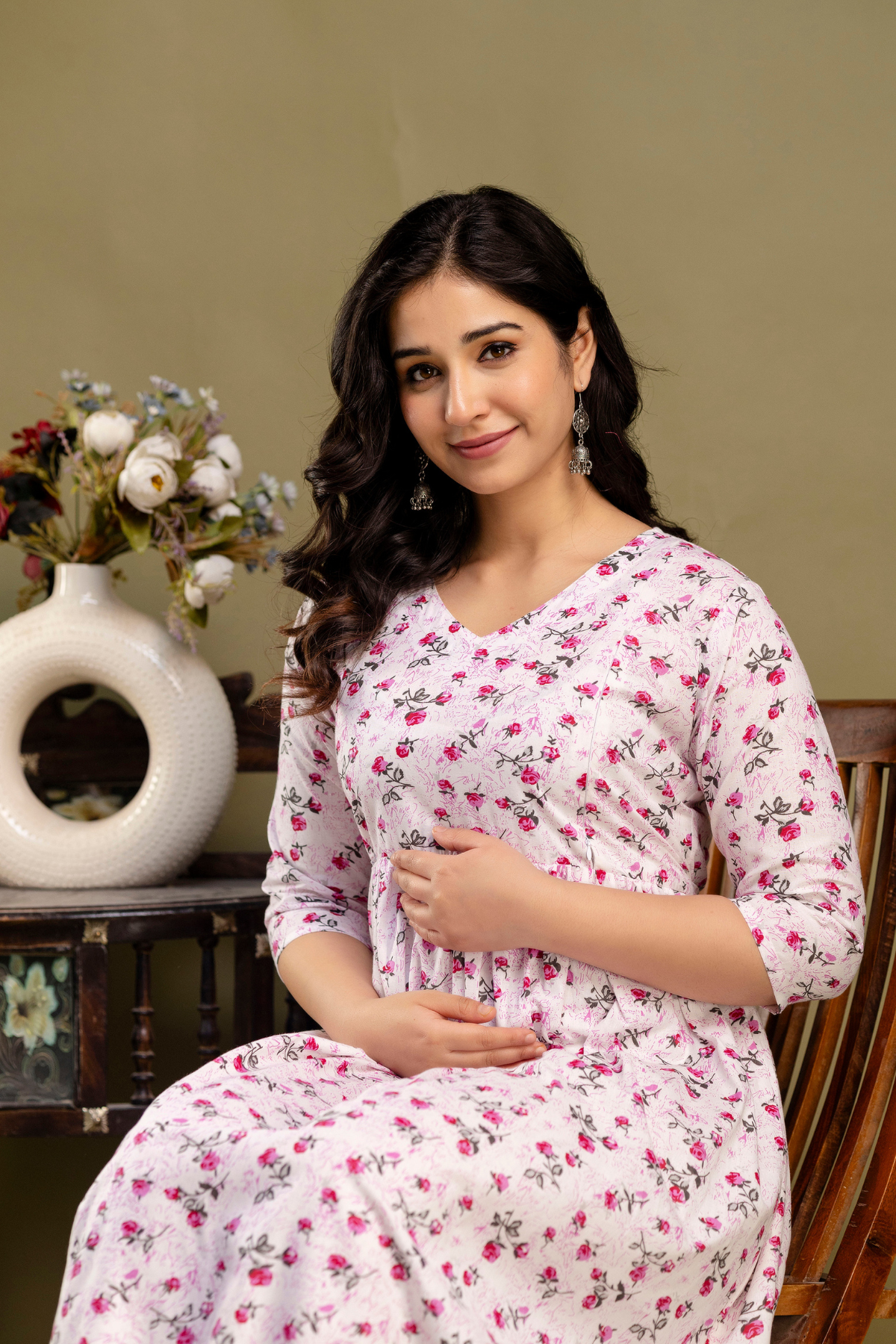 Pure Cotton Maternity Dress With Both-Side Hidden Zip - Rosy