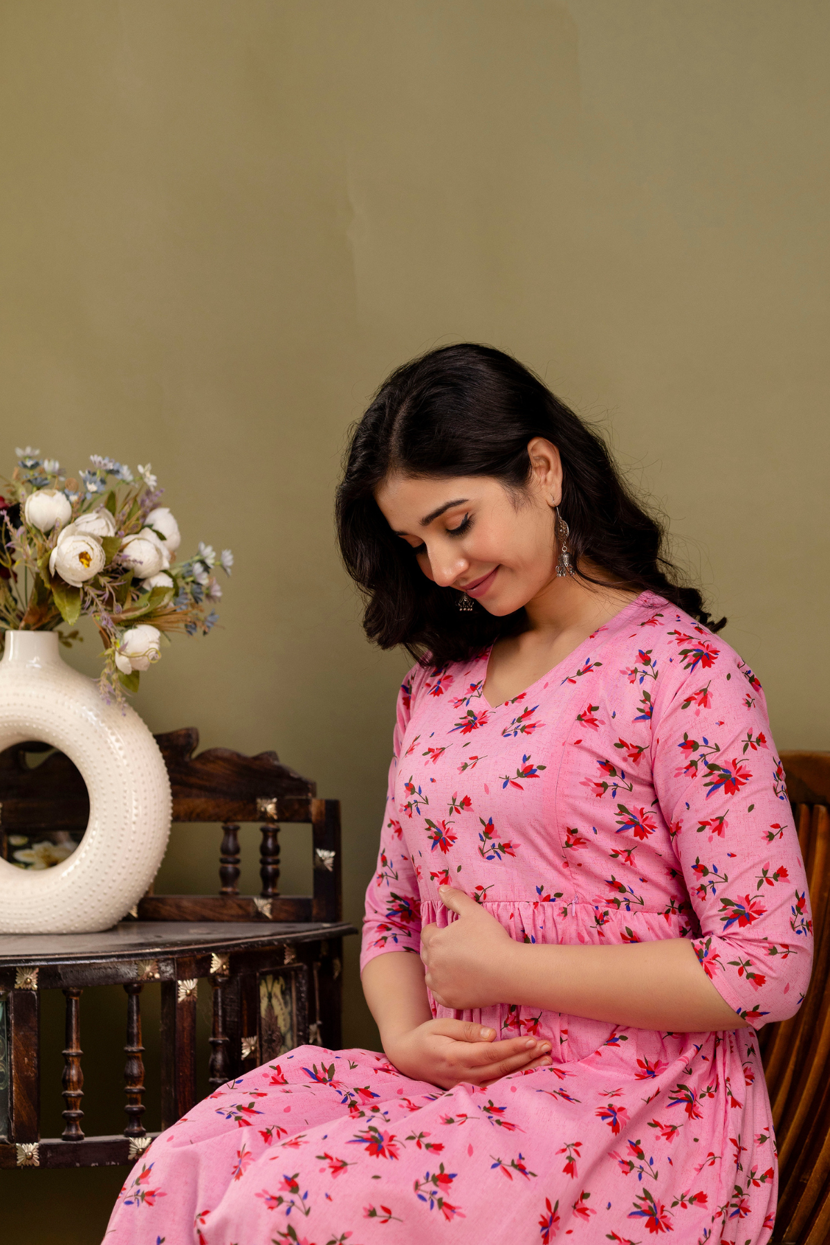 Pure Cotton Maternity Dress With Both-Side Hidden Zip - Blossom Pink