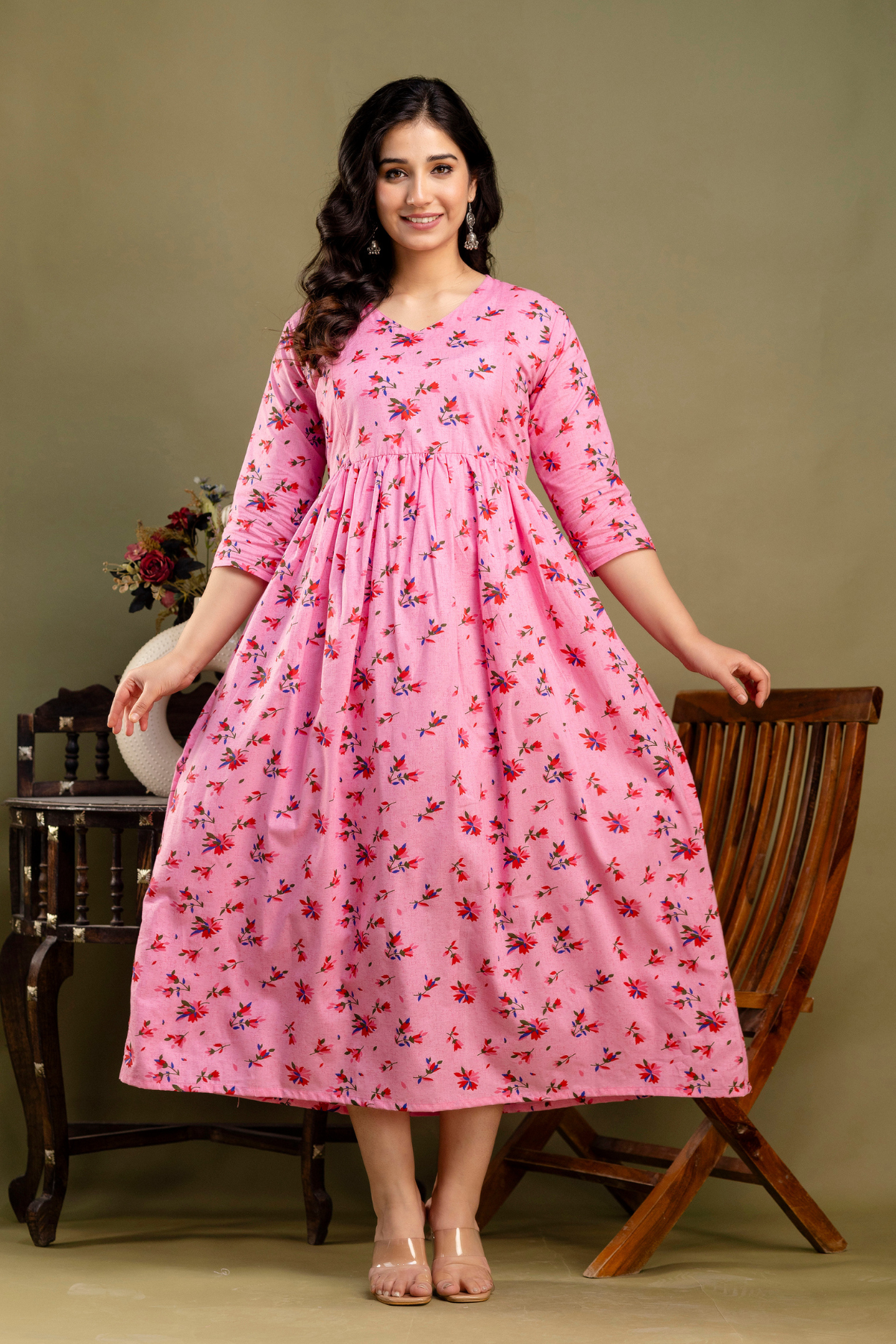 Pure Cotton Maternity Dress With Both-Side Hidden Zip - Blossom Pink