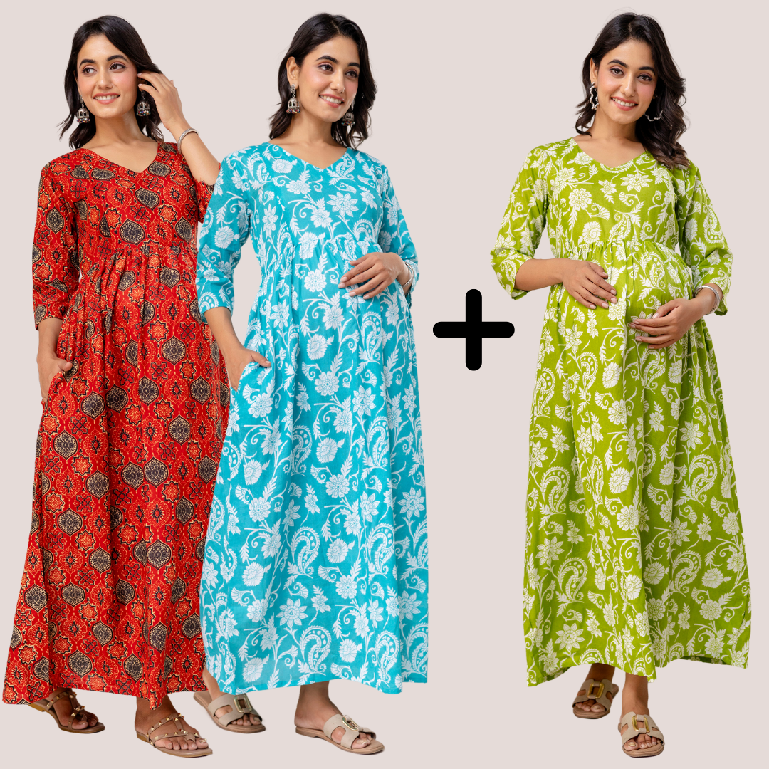 Buy 2 Get 1 Free - Deep Pockets, Hidden Feeding Zip & Adjustable Belt - Green, Cyan & Mughal Red