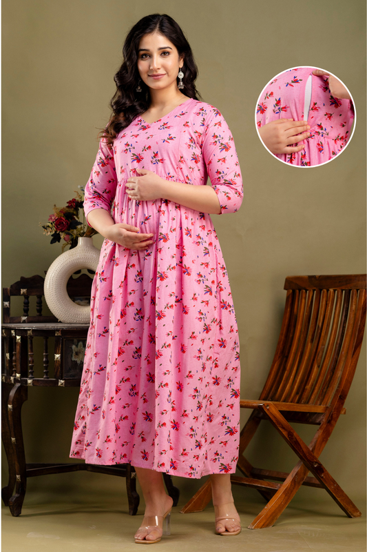 Pure Cotton Maternity Dress With Both-Side Hidden Zip - Blossom Pink